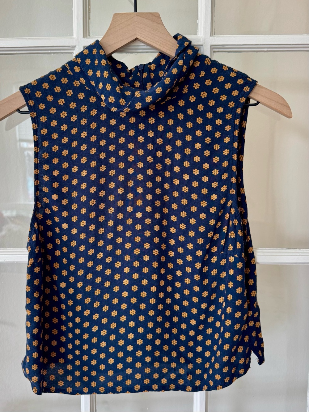Sleeveless Navy Floral Mock Neck Top with Yellow Gold Honeycomb All-Over Print
